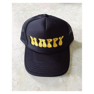 Happy Embroidered Black and Yellow Adjustable Trucker Hat